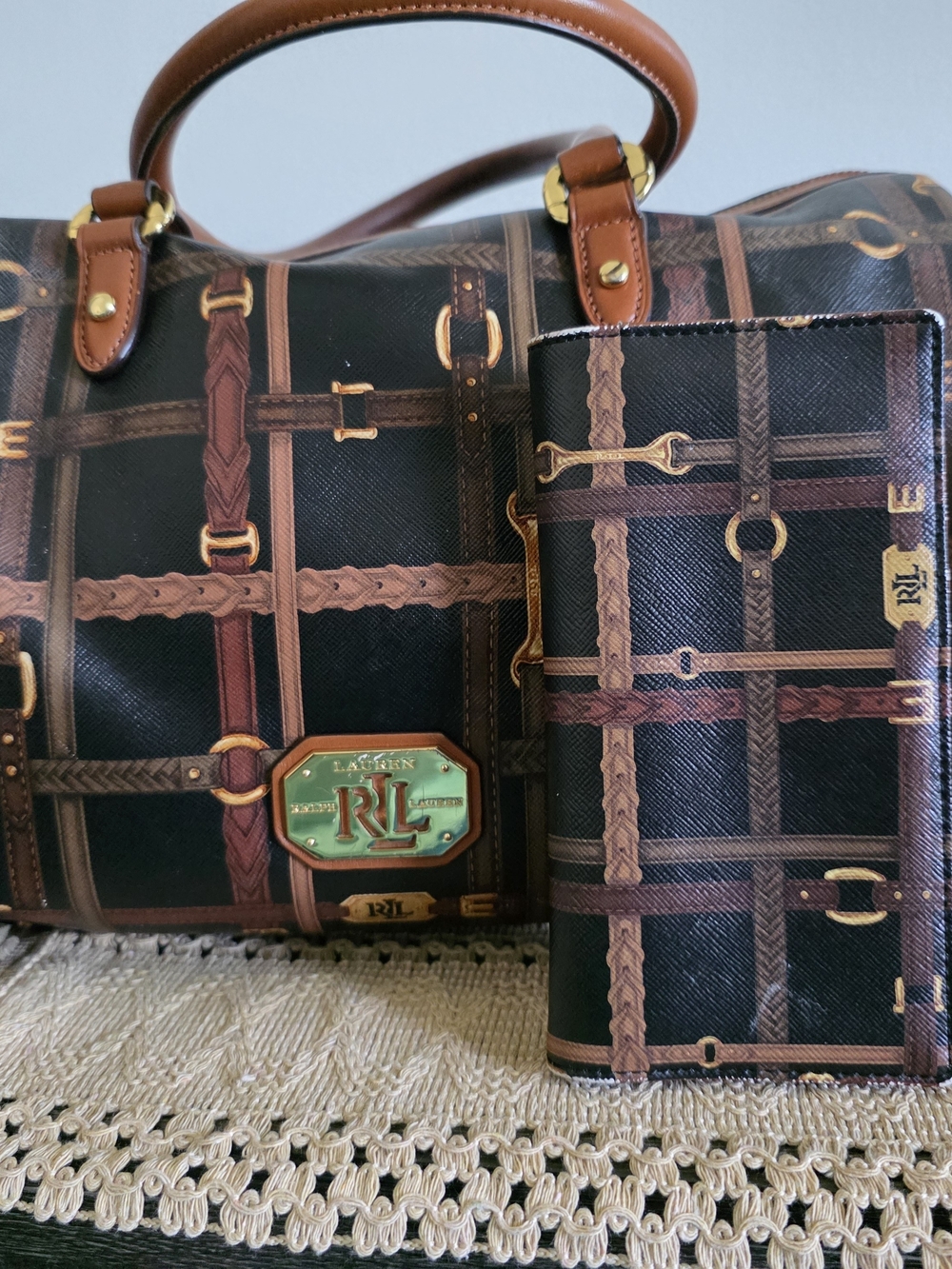 Ralph Lauren Brown RL Logo Pattern Leather Satchel